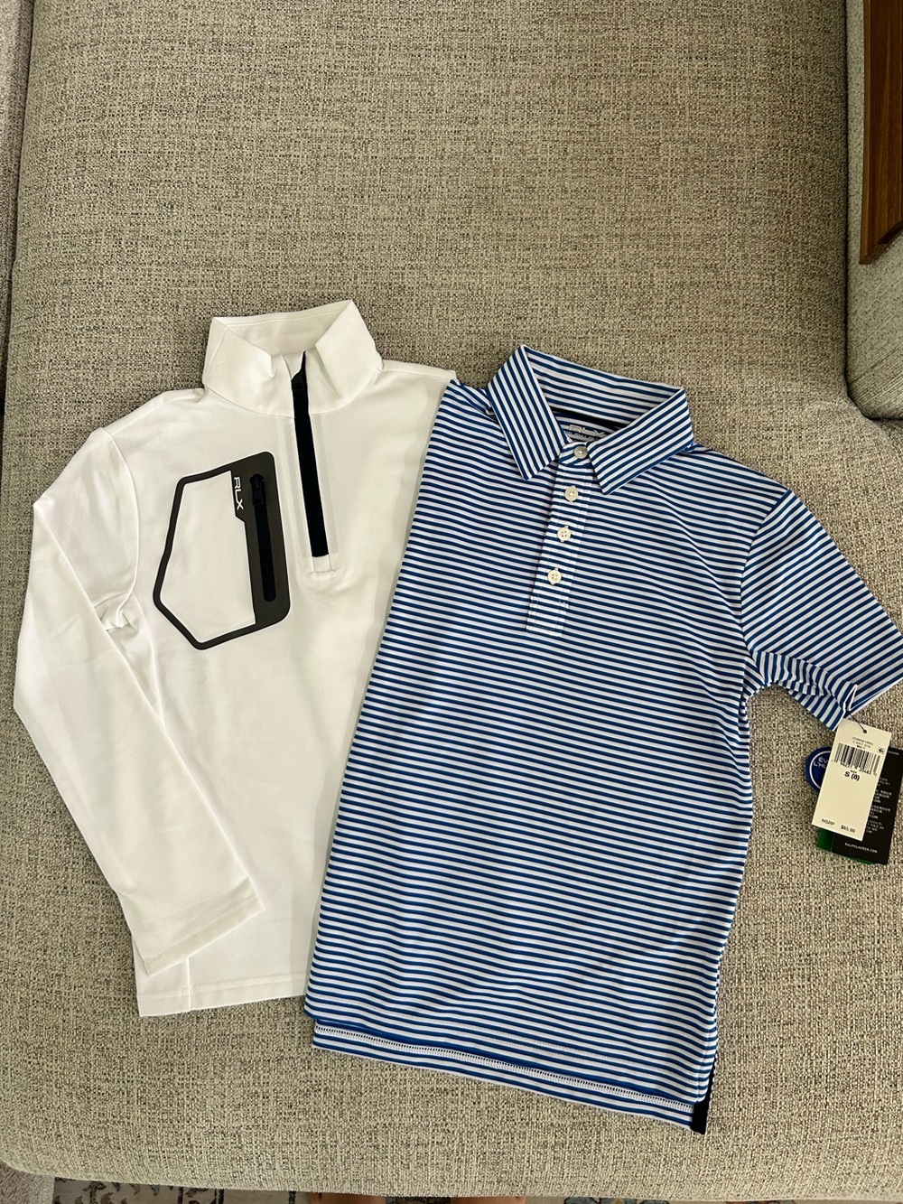 Boys RLX Ralph Lauren Blue/White Striped Polo & White w/ Navy Placket 1/4 Zip